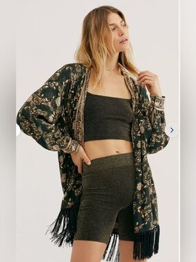 Free People Kaelin Black Floral Fringed Kimono Jacket